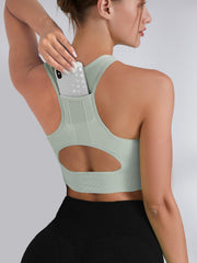 Women's Hollow Out Back Sport Bra With Pocket High Impact Running Yoga Tank Top