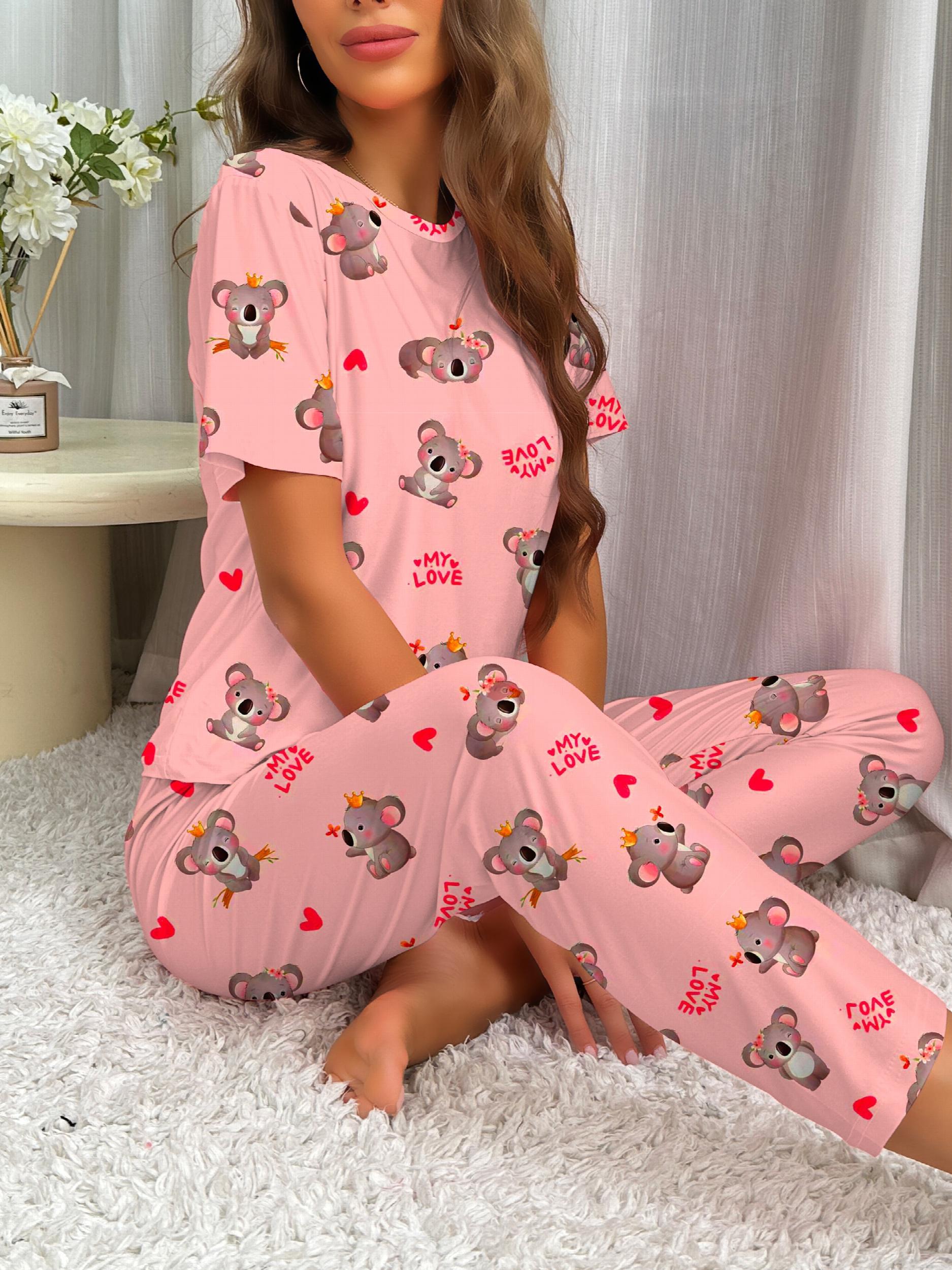 Koala Print Pajama Set Short Sleeve Top & Pants Women's Sleepwear