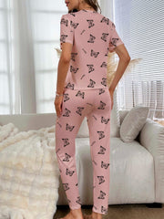 Butterfly Print Pajama Set Short Sleeve Crew Neck Top & Elastic Waistband Pants
