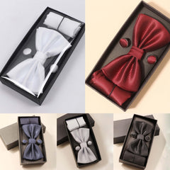 Men's Solid Bow Tie Set Pocket Square Cufflinks Formal Business Wedding