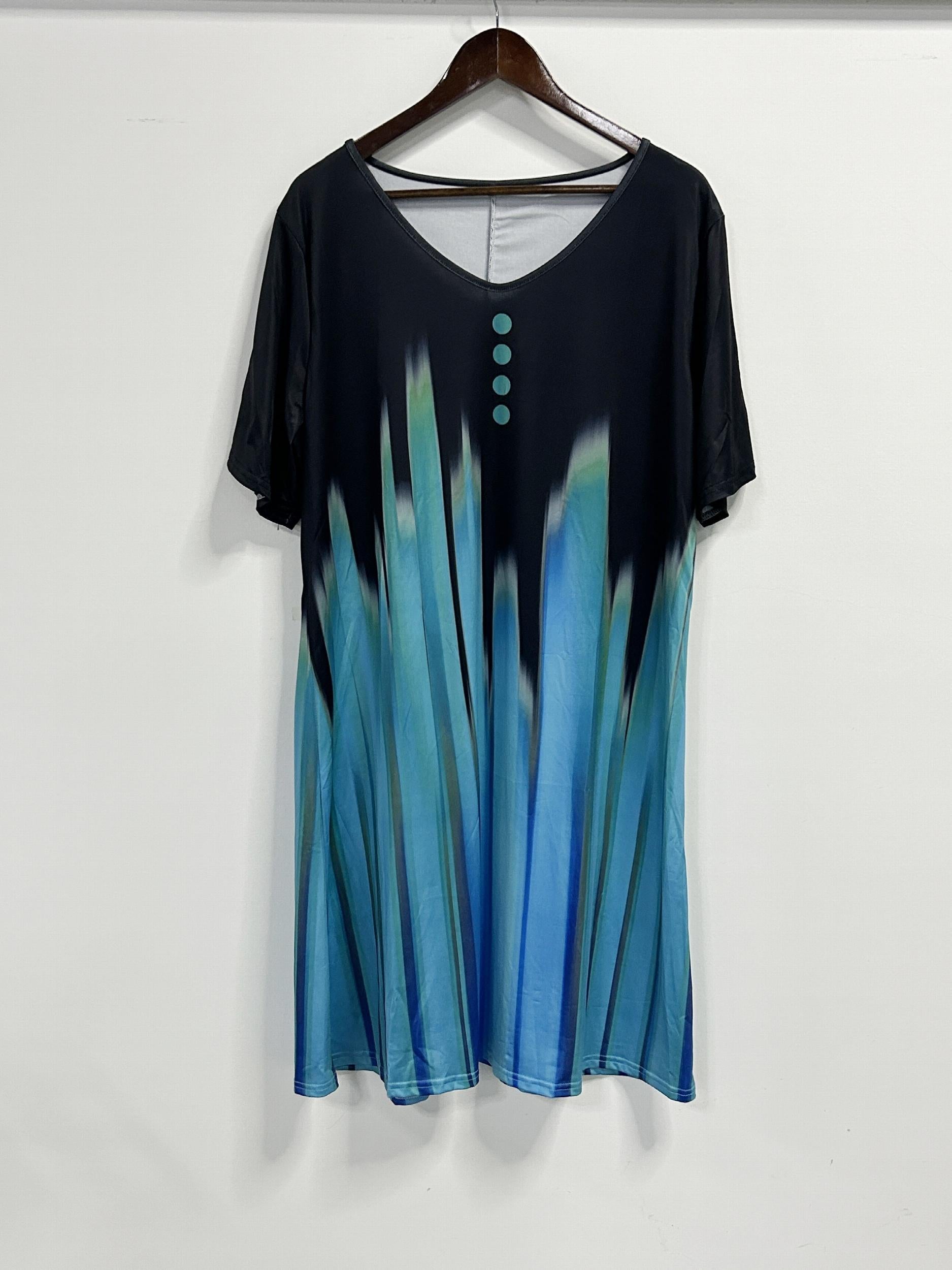 Ombre Print Short Sleeve V Neck Tee Dress