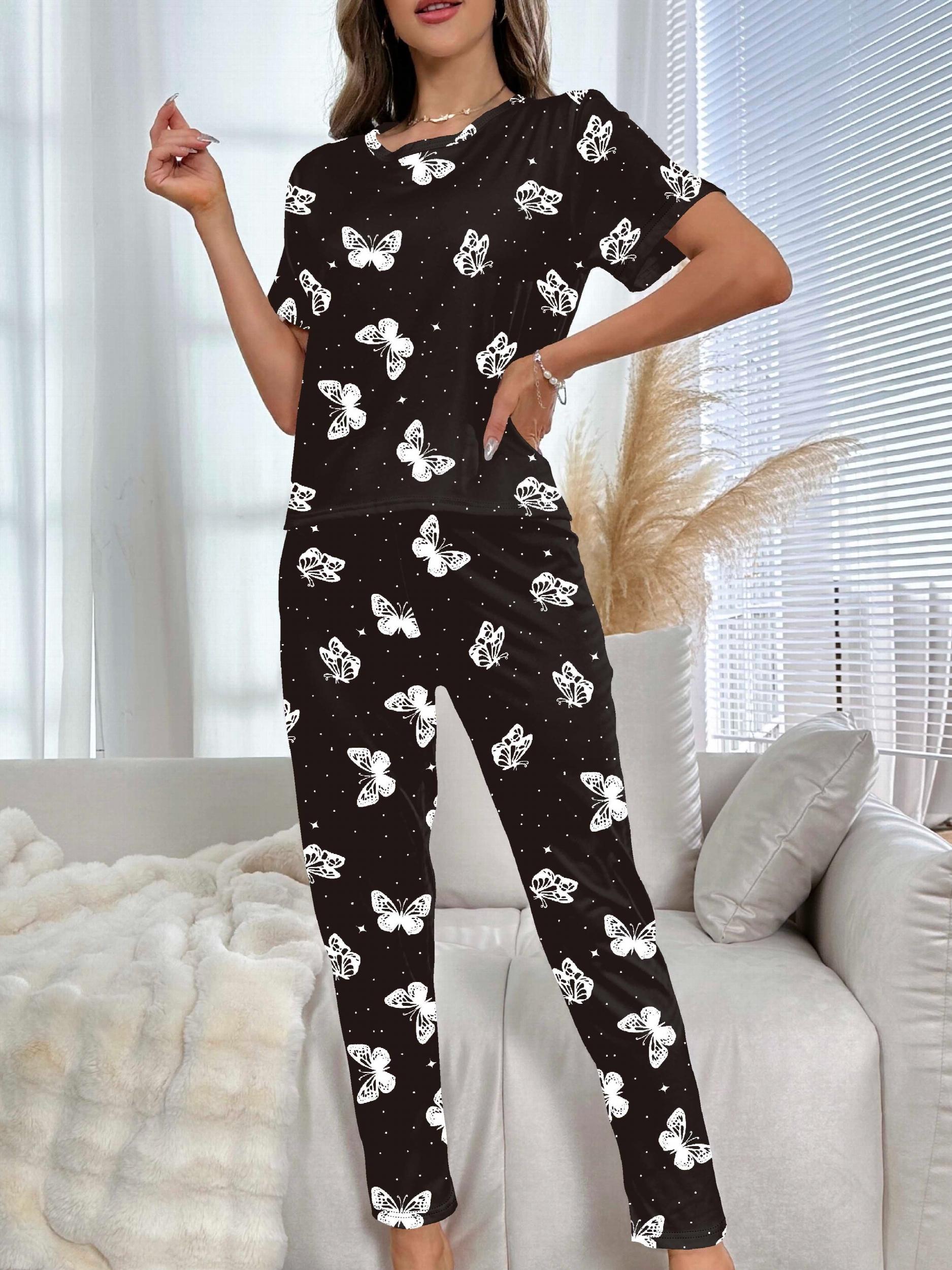 Butterfly Print Pajama Set Short Sleeve Top & Pants Women's Sleepwear