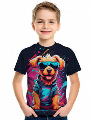 Cartoon Dog Print Boy's Casual Tees Short Sleeve Crew Neck T shirt
