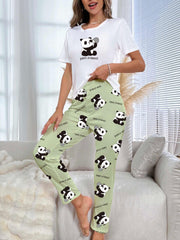 Panda Print Pajama Set Short Sleeve Crew Neck Top & Pants Women's Sleepwear