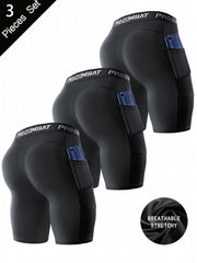 3 Pcs Men's Compression Boxers with Pockets Quick Drying for Fitness