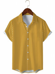 Men's Vertical Striped Camp Collar Bowling Shirt Short Sleeve Summer Hawaiian