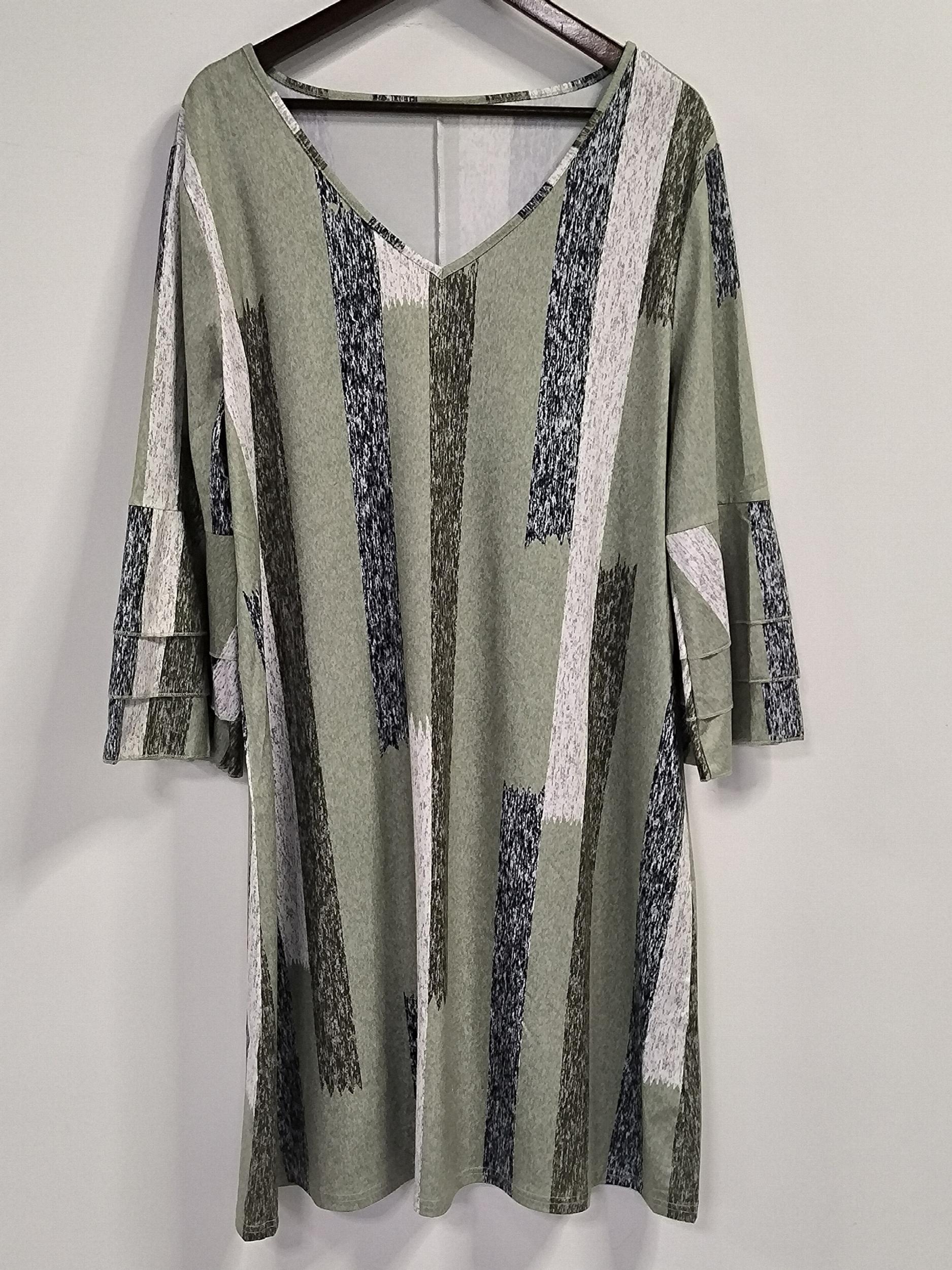 Casual Dress Women's Plus Stripe Print Layered Sleeve V Neck