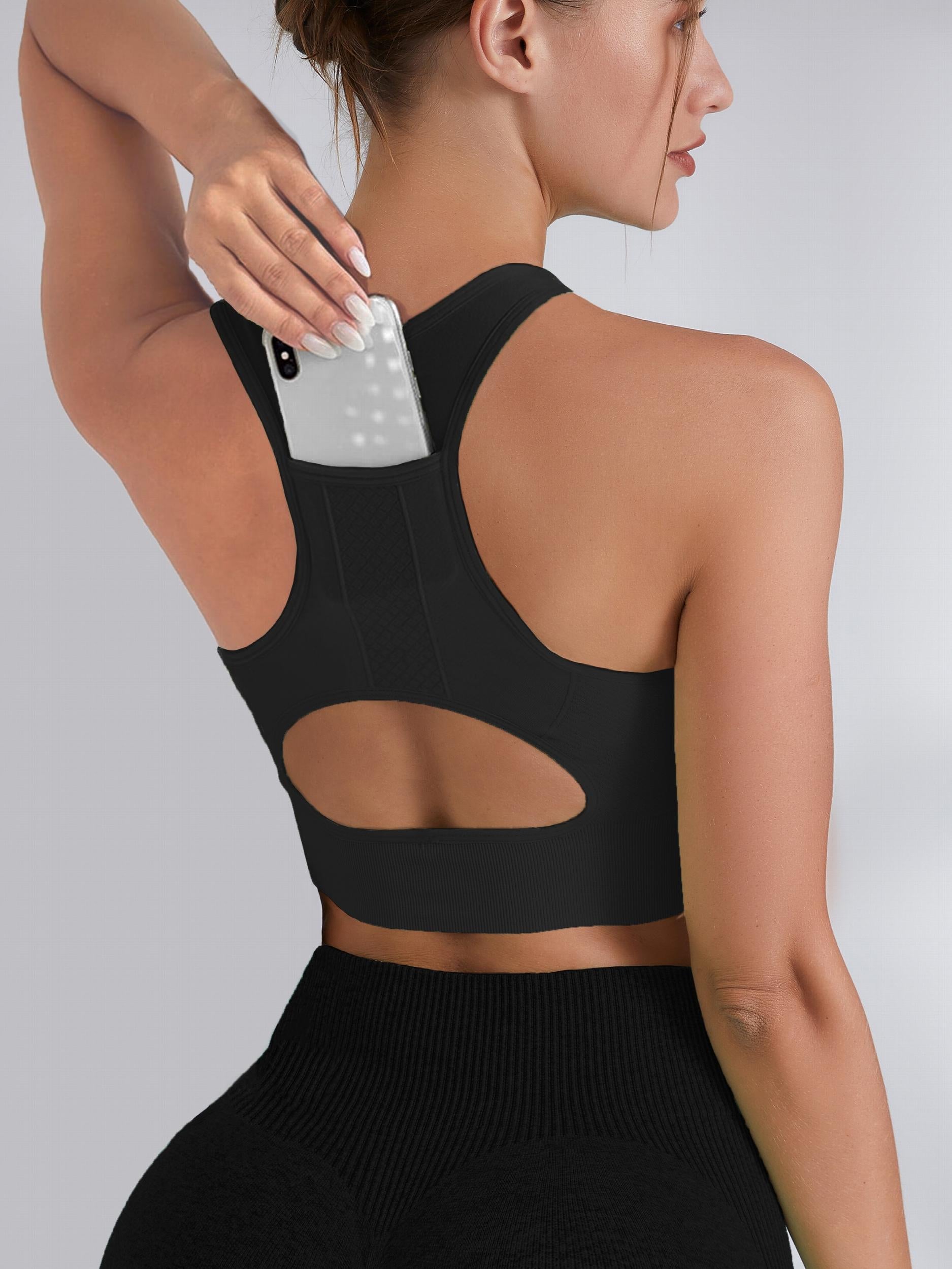 Women's Hollow Out Back Sport Bra With Pocket High Impact Running Yoga Tank Top