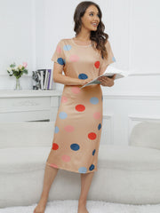 Polka Dot Print Lounge Dress Crew Neck Short Sleeve Women's Sleepwear