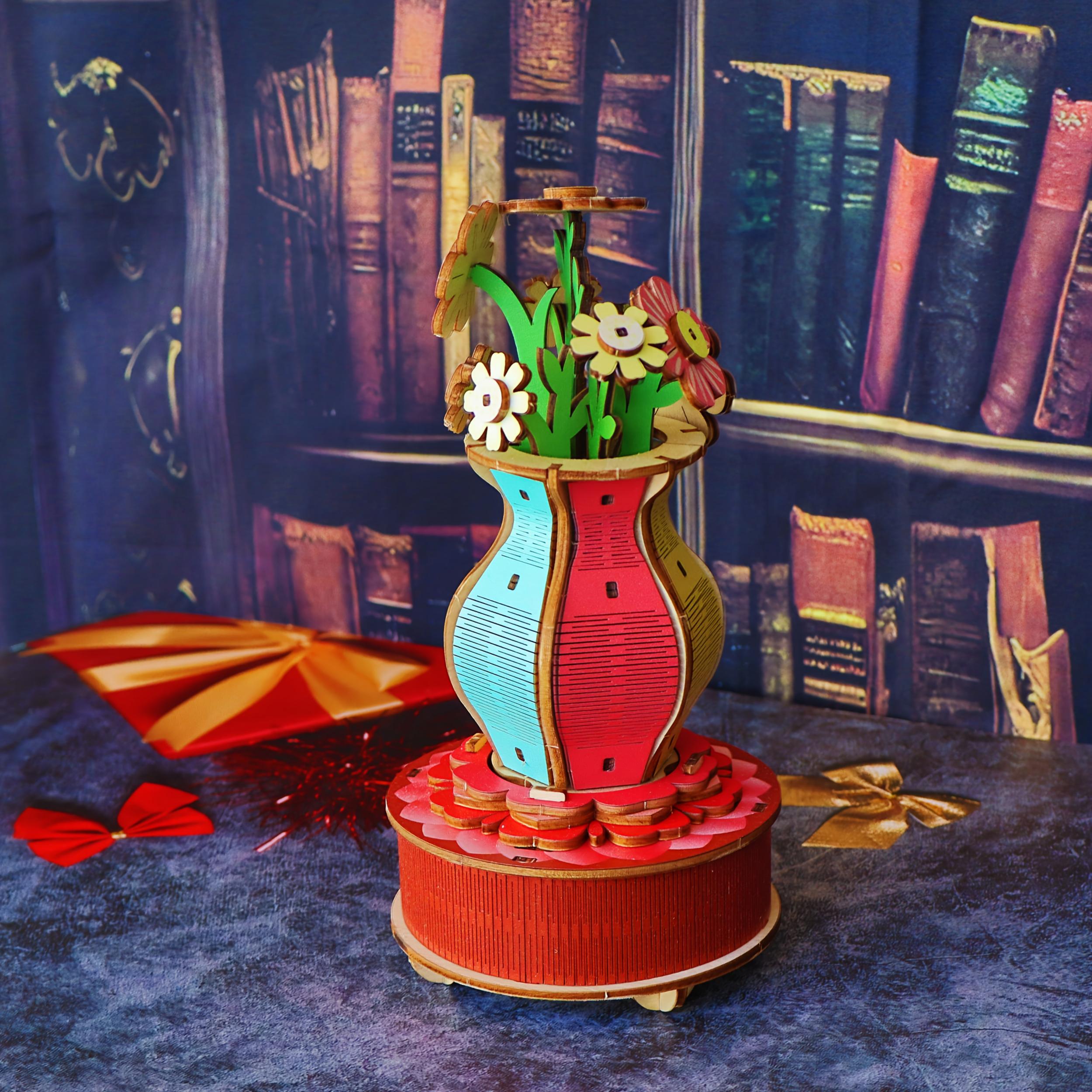 Wooden Puzzle Model Vase Music Box - 3D DIY Building Blocks Flower Ornament