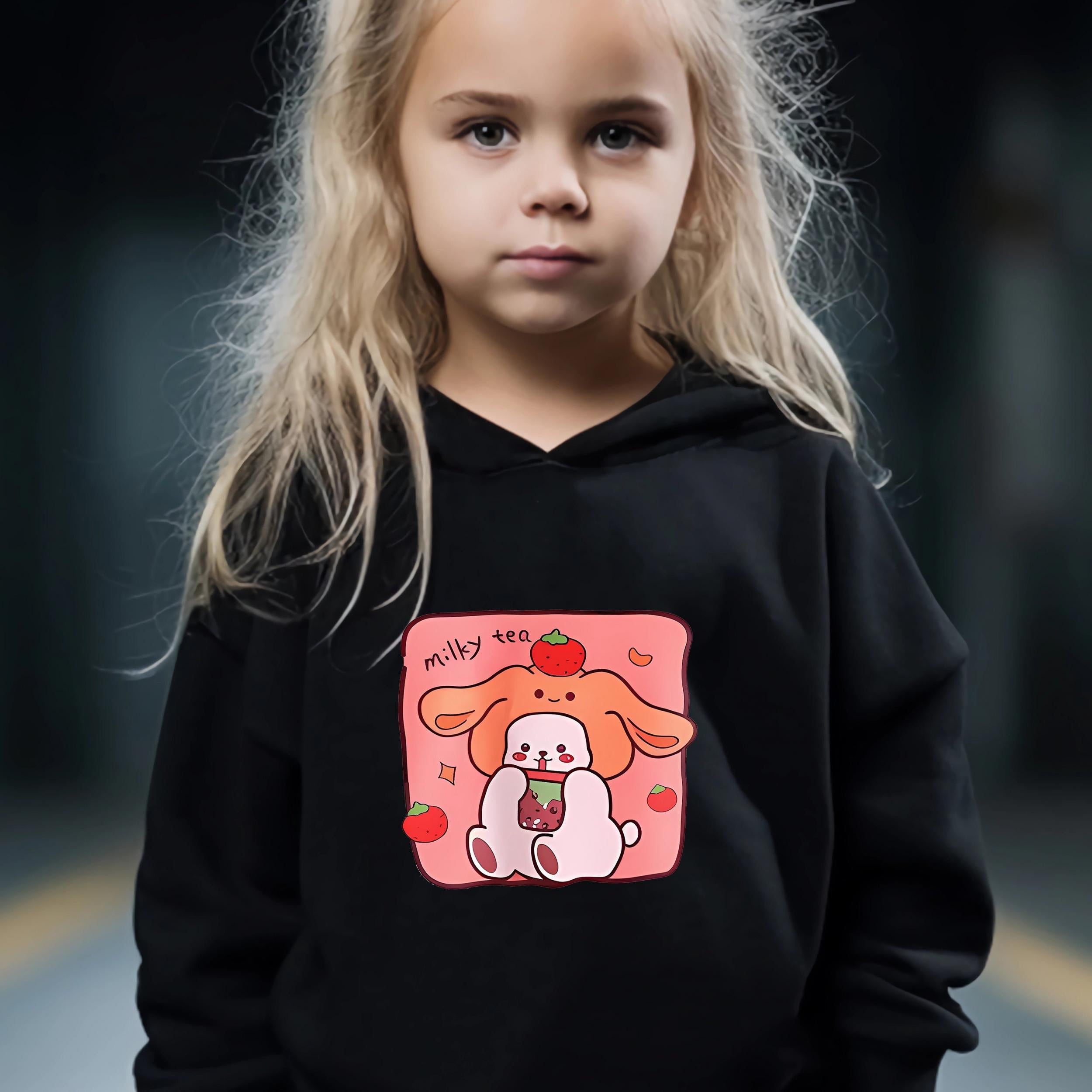 Kid's Cartoon Milky Tea Print Outfit Hoodie & Pants Set