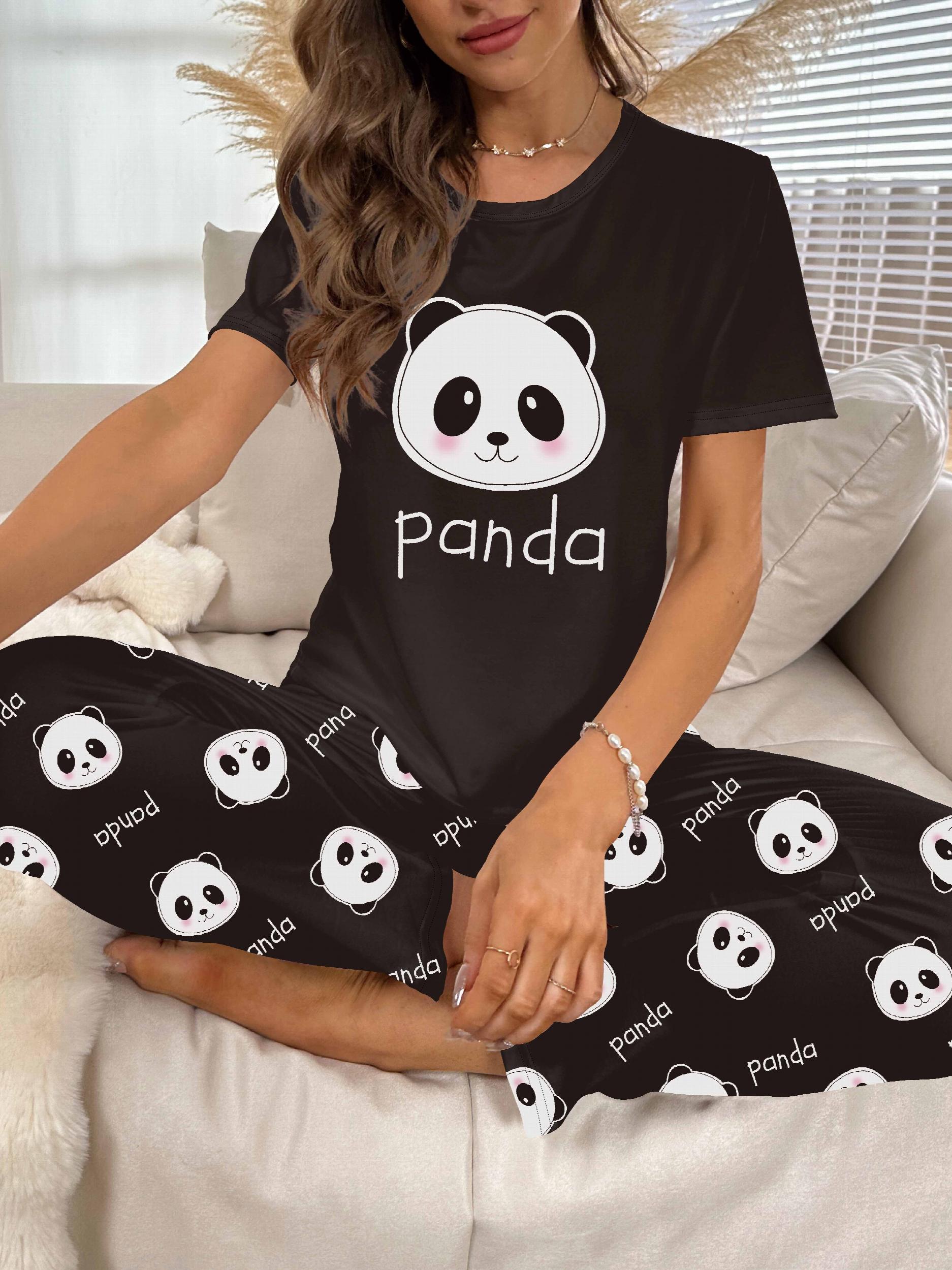 Panda Print Pajama Set Short Sleeve Top & Pants Women's Sleepwear
