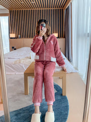 Heart Print Fuzzy Lounge Set Zipper Hooded Top & Elastic Waistband