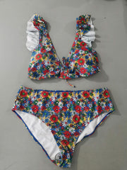 Floral Print Ruffle Trim Backless Plus Size Retro Bikini Set