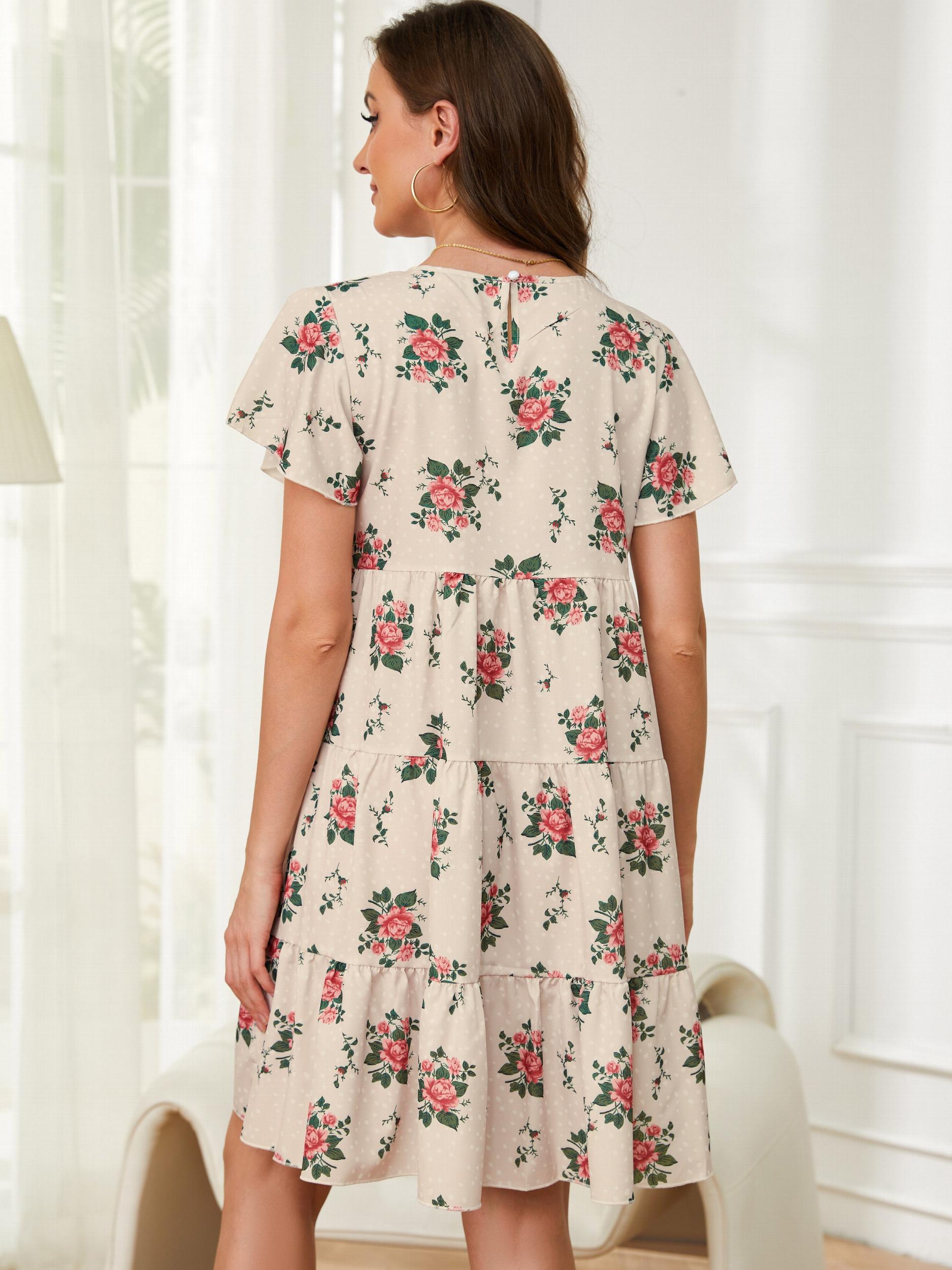 Vintage Floral Print Dress Casual Tiered Short Sleeve Dress