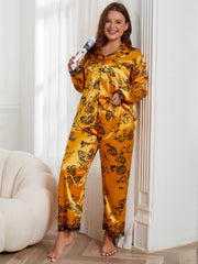 Silk Satin Floral Pajama Set with Lace Trim Long Sleeve Button Up