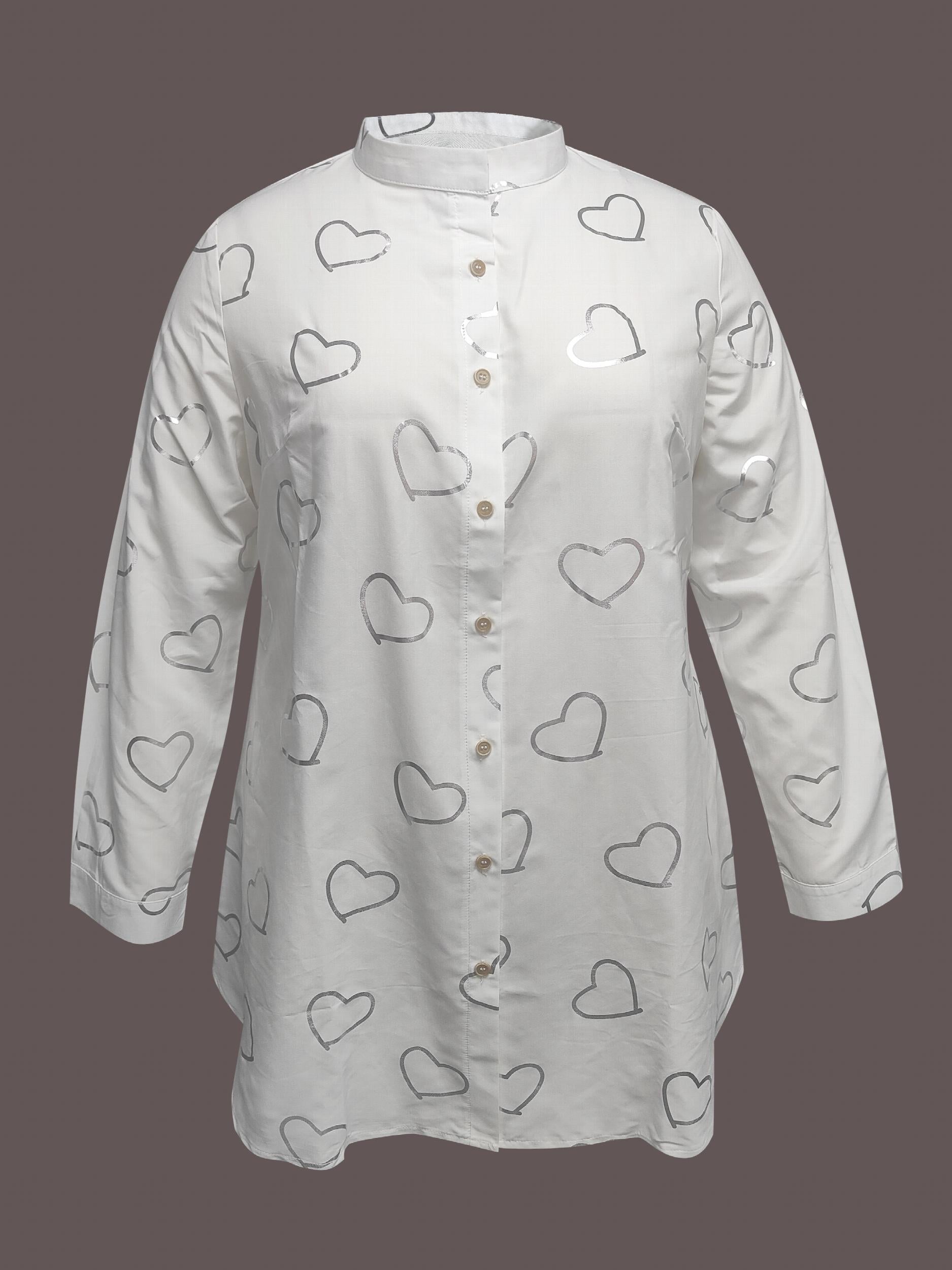 Heart Print Button Up Long Sleeve Stand Collar Mini Shirt Dress