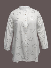 Heart Print Button Up Long Sleeve Stand Collar Mini Shirt Dress