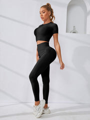 2pcs Solid Workout Sets Short Sleeve Crop Top & High Rise Leggings Activewear