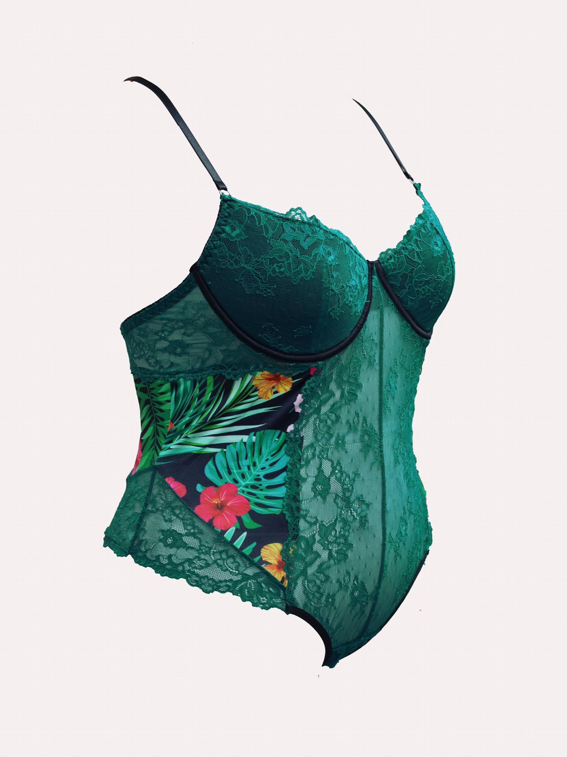 Tropical Print Lace Underwire Teddy Bodysuit