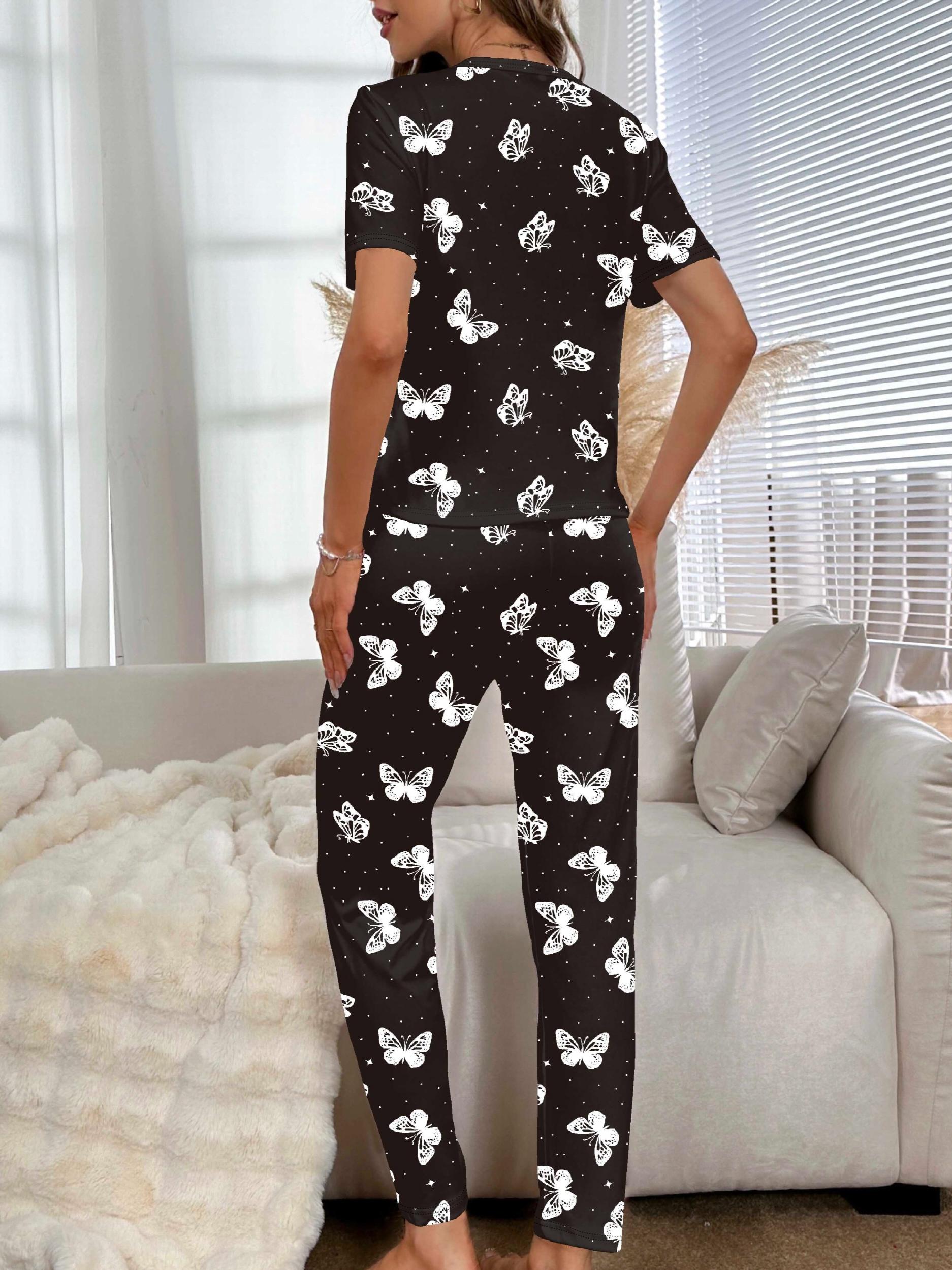 Butterfly Print Pajama Set Short Sleeve Top & Pants Women's Sleepwear