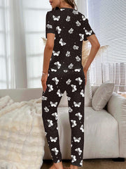 Butterfly Print Pajama Set Short Sleeve Top & Pants Women's Sleepwear