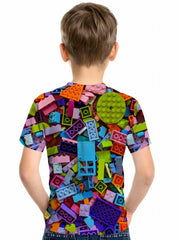 Colorful Building Block 3D Print Boy's T-shirt Short Sleeve Outdoor Sports Tee