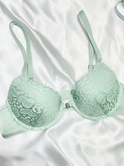 3pcs Lace Plunge Push Up Bras Front Buckle Women's Lingerie