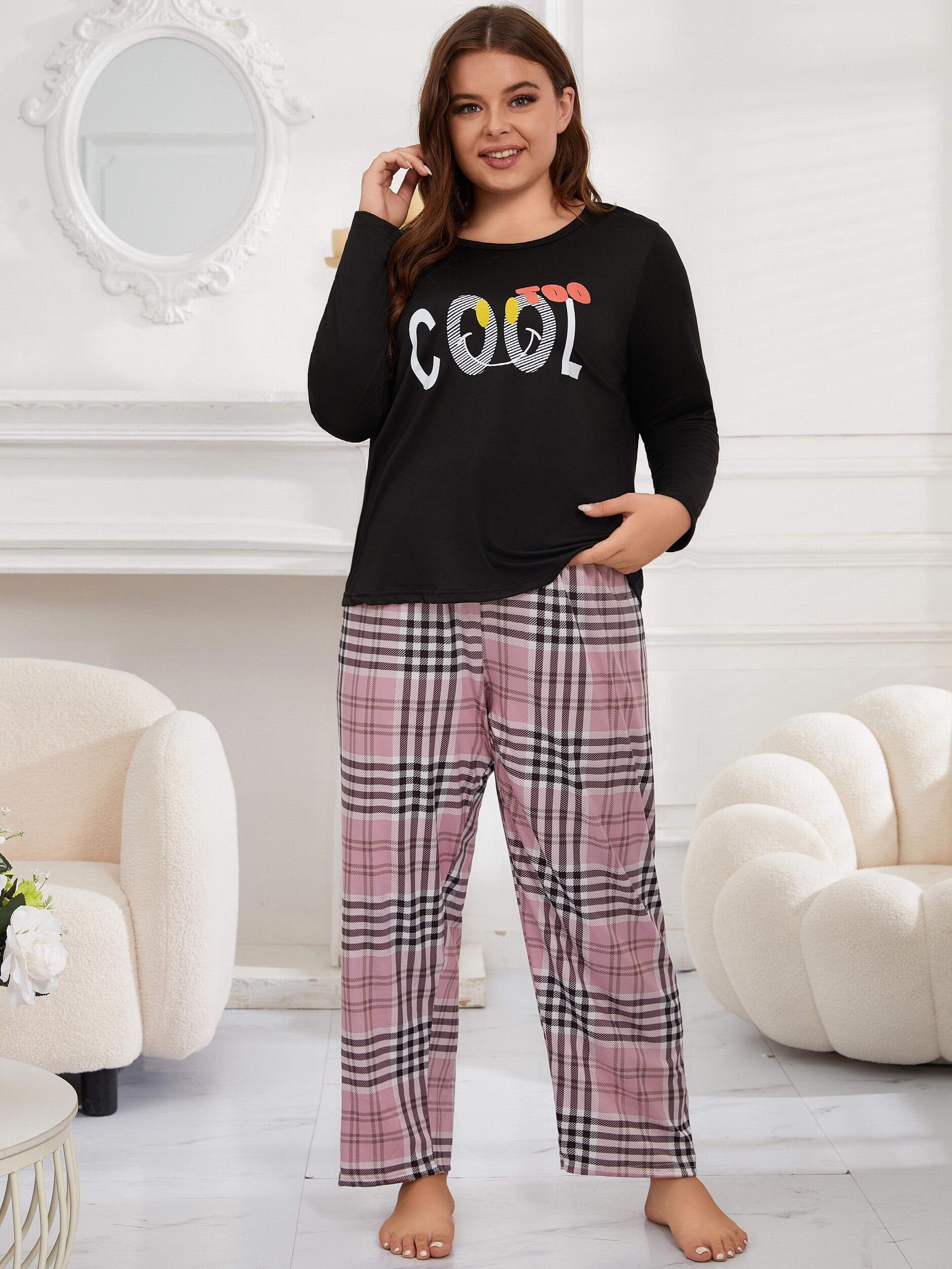 Preppy Pajamas Set Women's Letter Graphic Tee & Plaid Pant