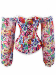 Floral Print Corset Bustier Ruffle Long Sleeve Lace Up Body Shaper