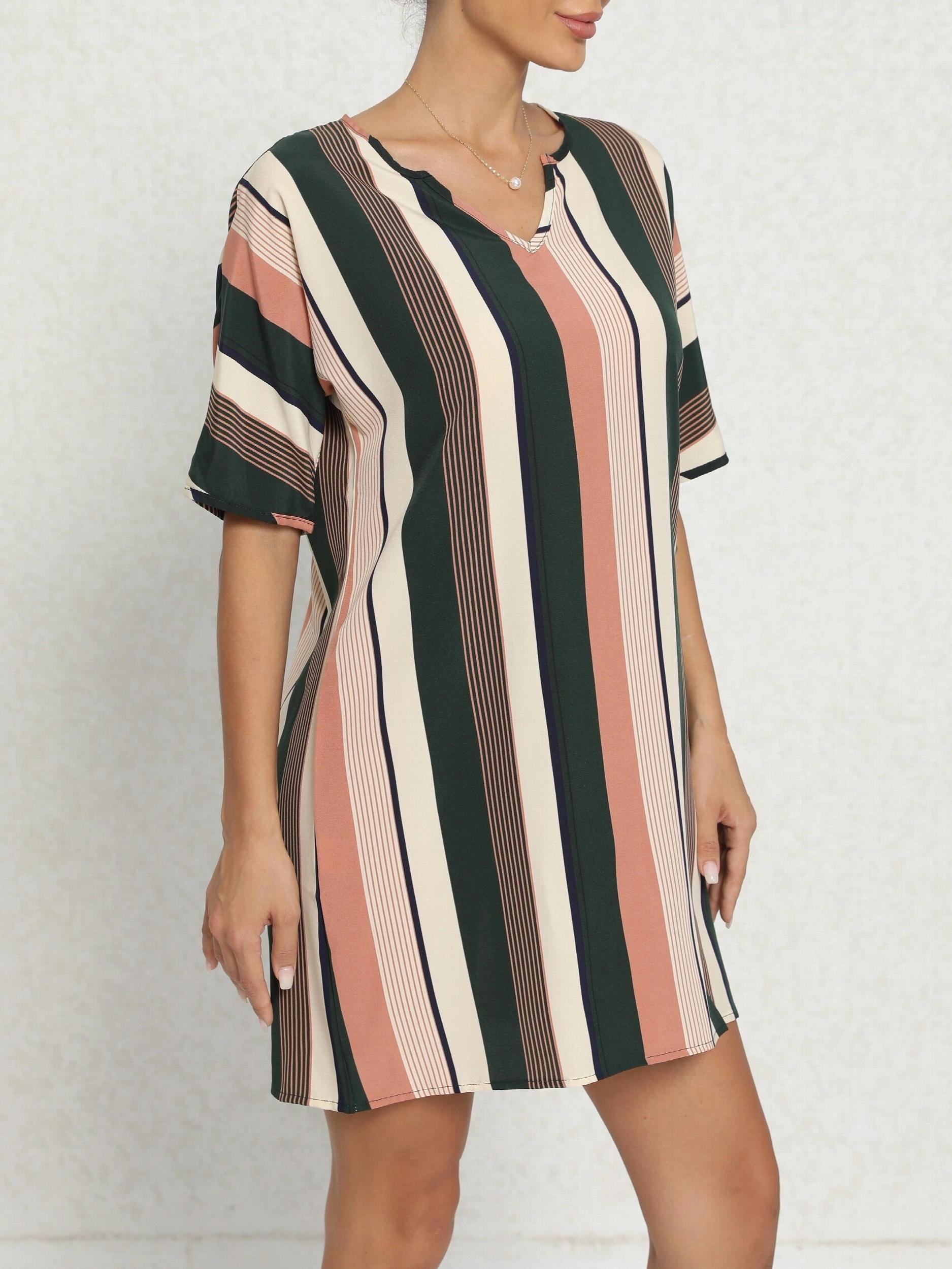 Stripe Print Batwing Sleeve Notched Neck Mini Dress