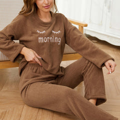 Letter Print Pajama Set Long Sleeve Crew Neck Top & Elastic Waistband Pants