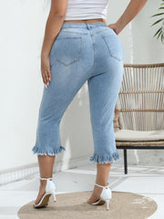 Solid Fringe Trim High Stretch Cropped Jeans