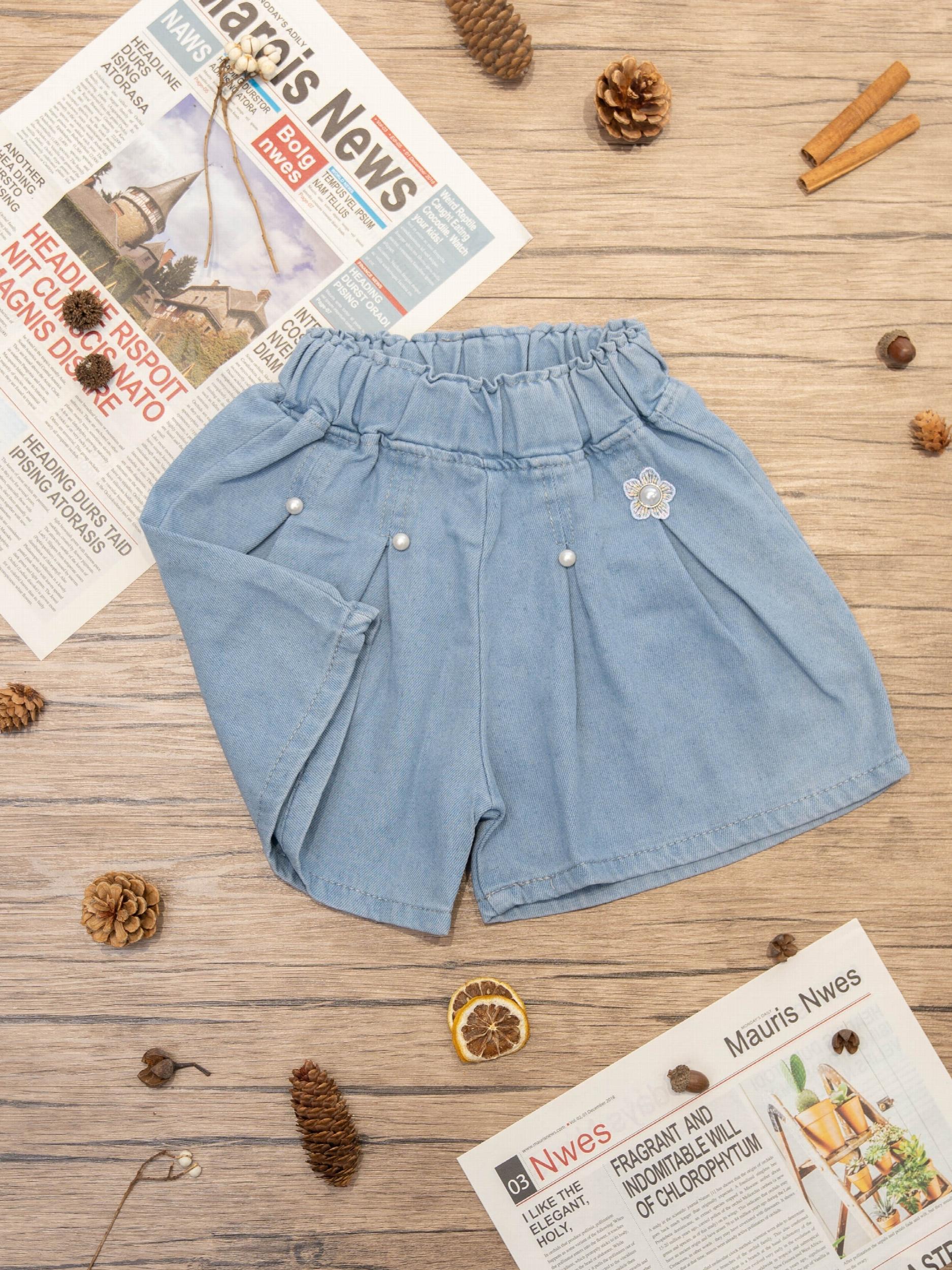 Girls' Beaded Denim Shorts Elastic Waist