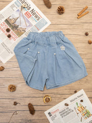 Girls' Beaded Denim Shorts Elastic Waist