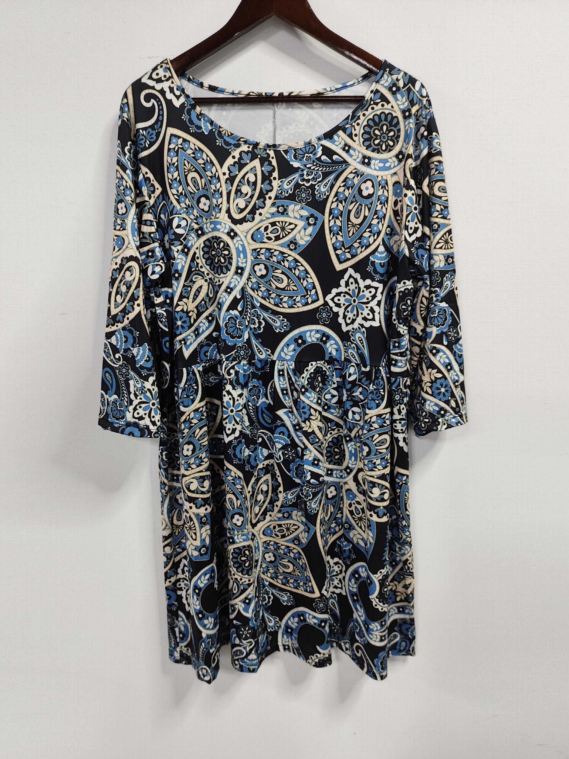 Boho Dress Women's Plus Paisley Print Three Quarter Sleeve