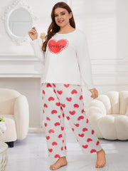 Heart Print Long Sleeve Tee & Pants Pajamas Set