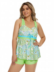 Boho Paisley Print Tankini Set Tie Front Criss Cross Back Tank Top