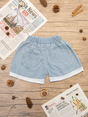 Girls' Denim Shorts With Lace Fringes And Flower Decor