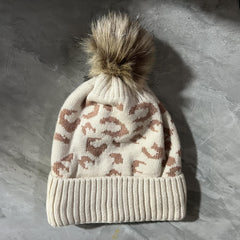 Winter Leopard Pattern Knit Hat Warm Pom Beanie