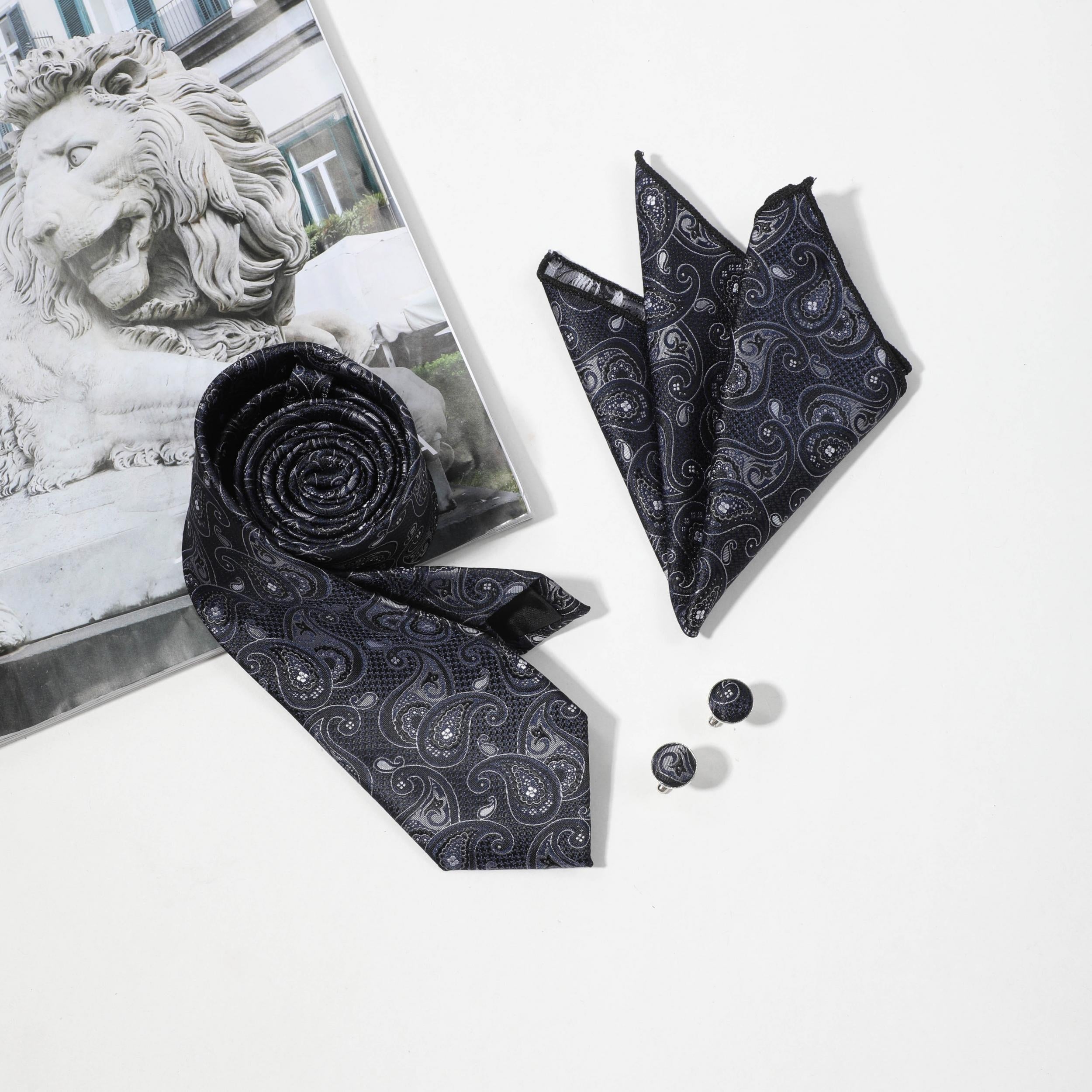 Men's Jacquard Paisley Tie Set with Pocket Square and Cufflinks