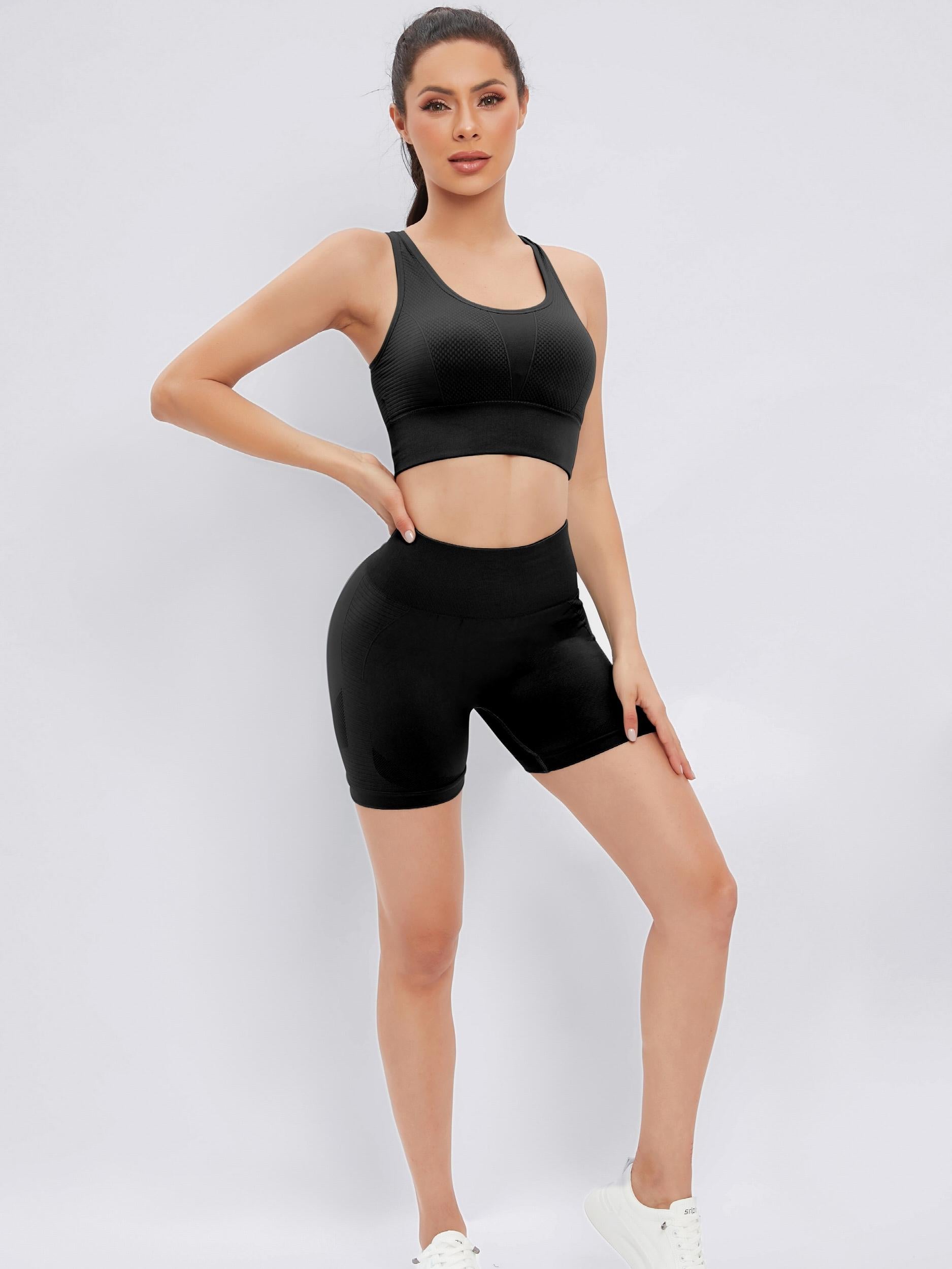 2pcs Workout Sets Solid Sports Bra & Butt Lifting Leggings Activewear