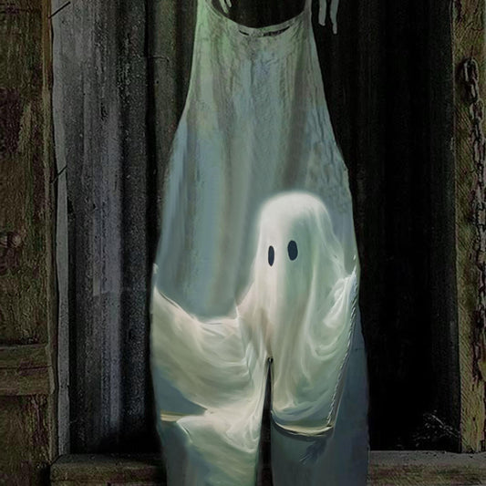 Halloween Ghost Print Tie Shoulder Overalls