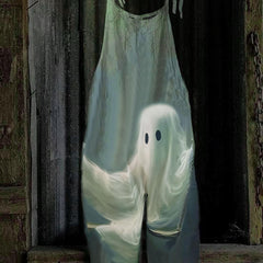 Halloween Ghost Print Tie Shoulder Overalls