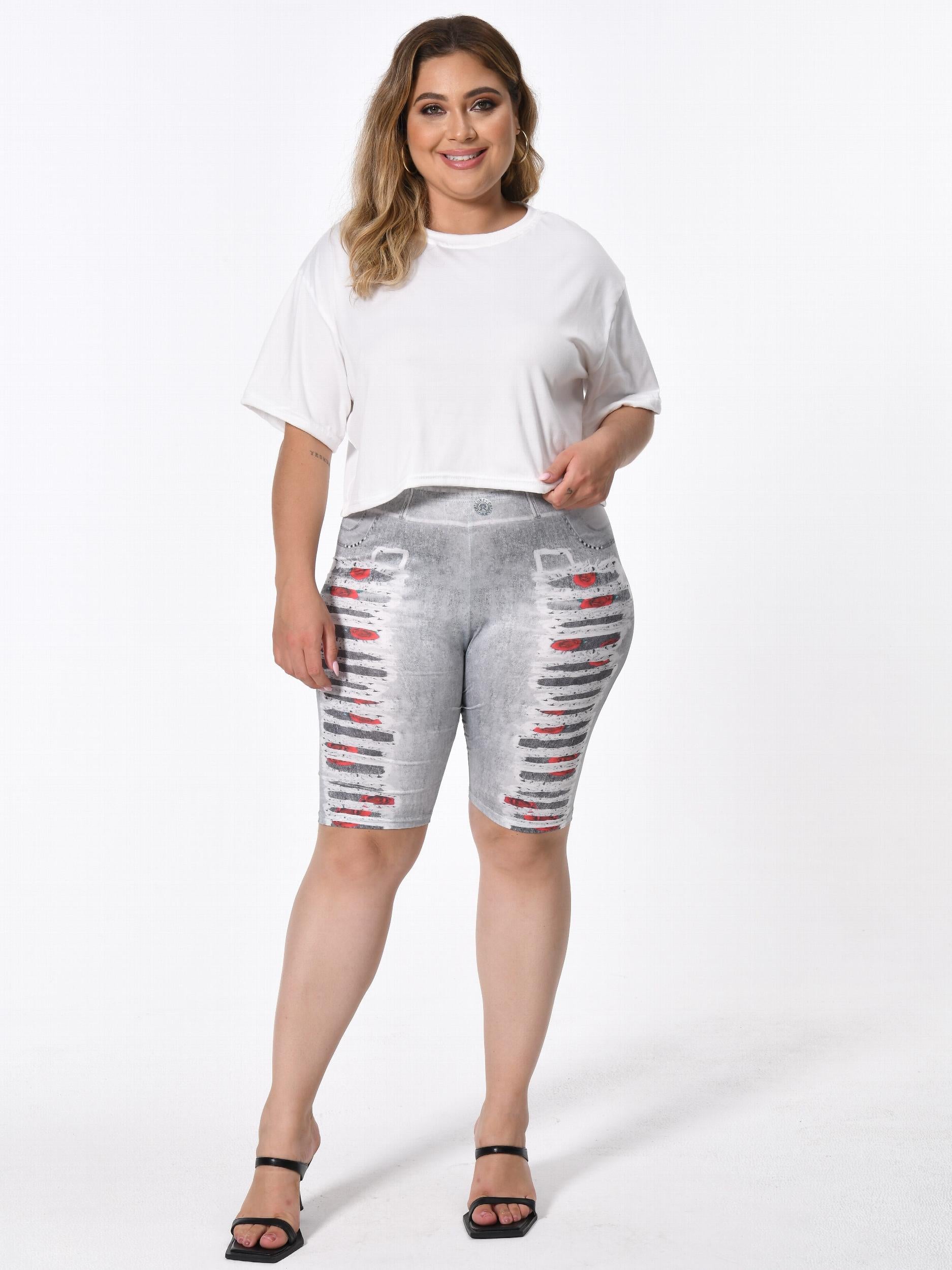Women's Plus Denim Print High Rise Skinny Shorts
