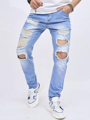 Straight Fit Ripped Jeans Men's Street Style Denim Pants