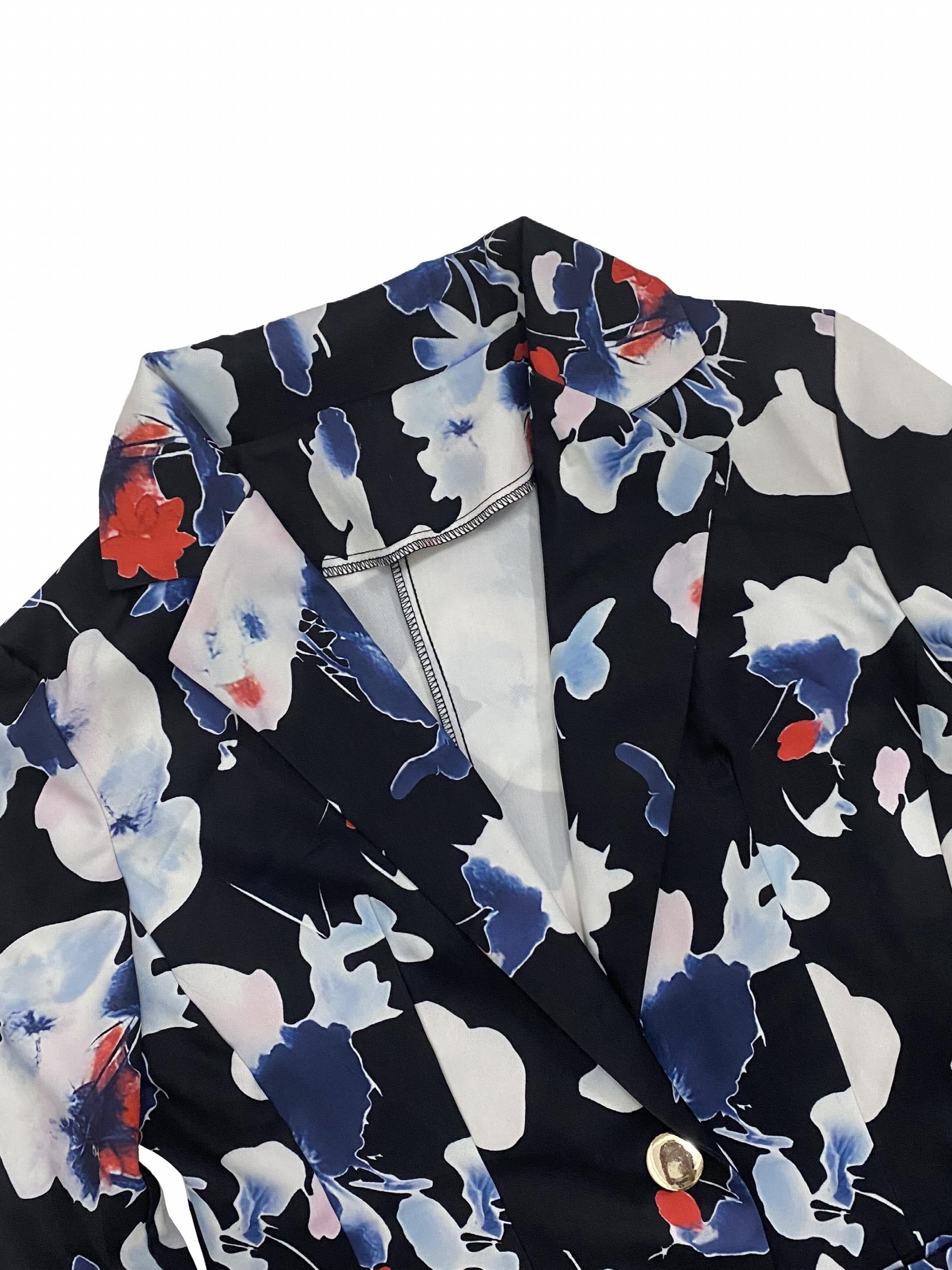 Floral Print Button Front Blazer Lapel Long Sleeve Blazer For Office & Work