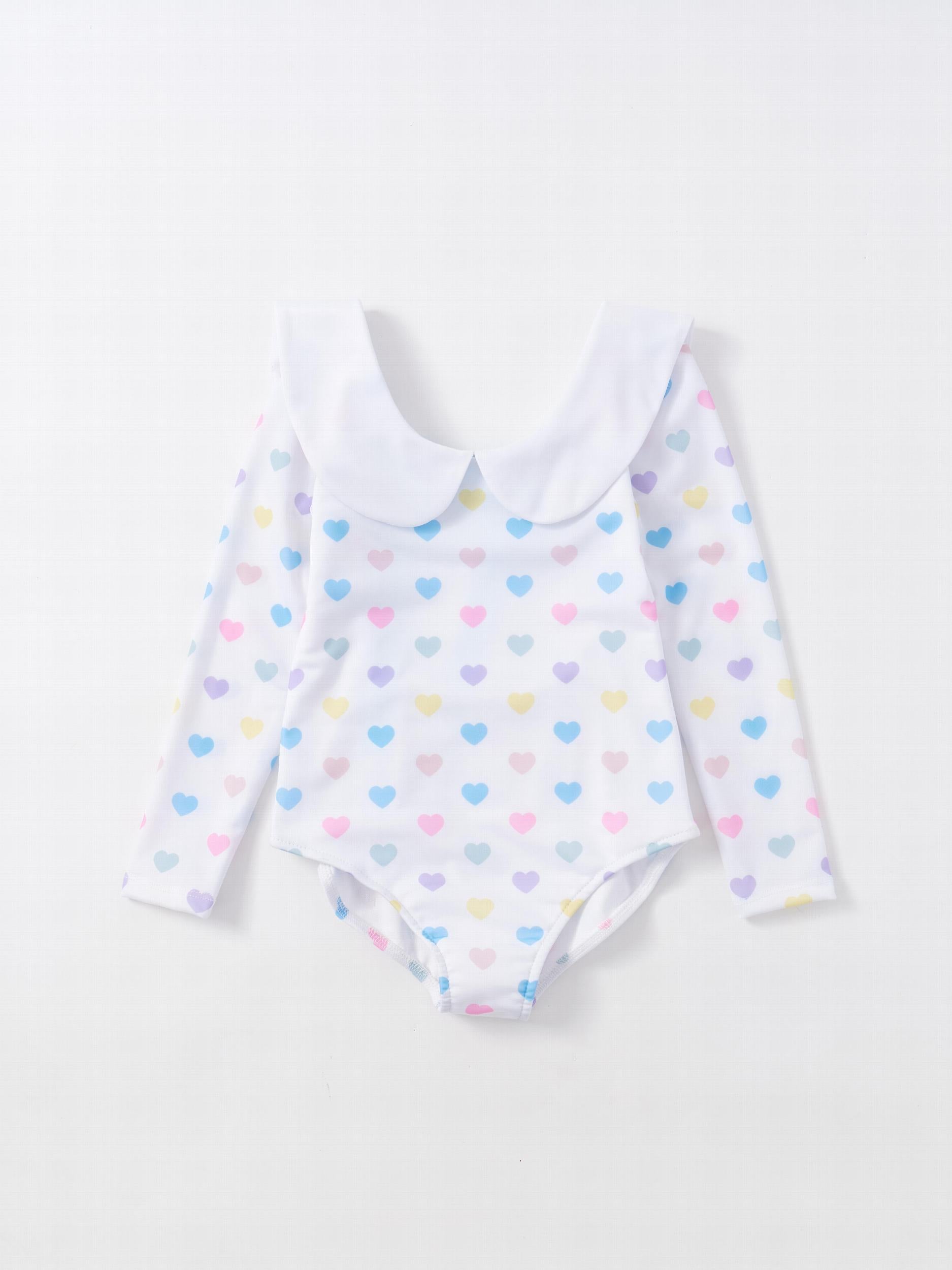 Girl's Heart Print Swimsuit Doll Collar Long Sleeve Bathing Suit