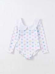 Girl's Heart Print Swimsuit Doll Collar Long Sleeve Bathing Suit