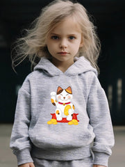 Kids Cartoon Cat Hoodie & Pants Set - Sporty Girl's Outfit